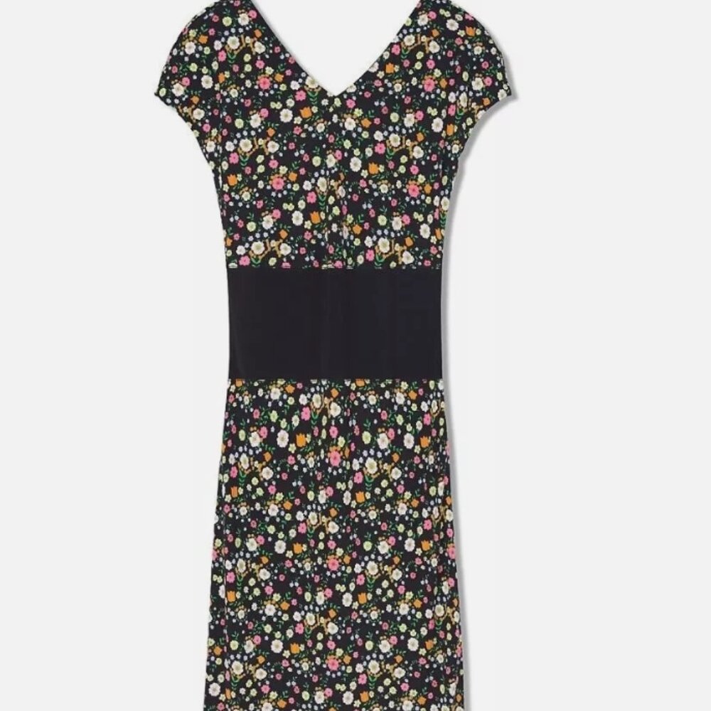 Tory Burch Sheath Dress Black Floral Short Sleeve with V-Neck S (Orig. $456)